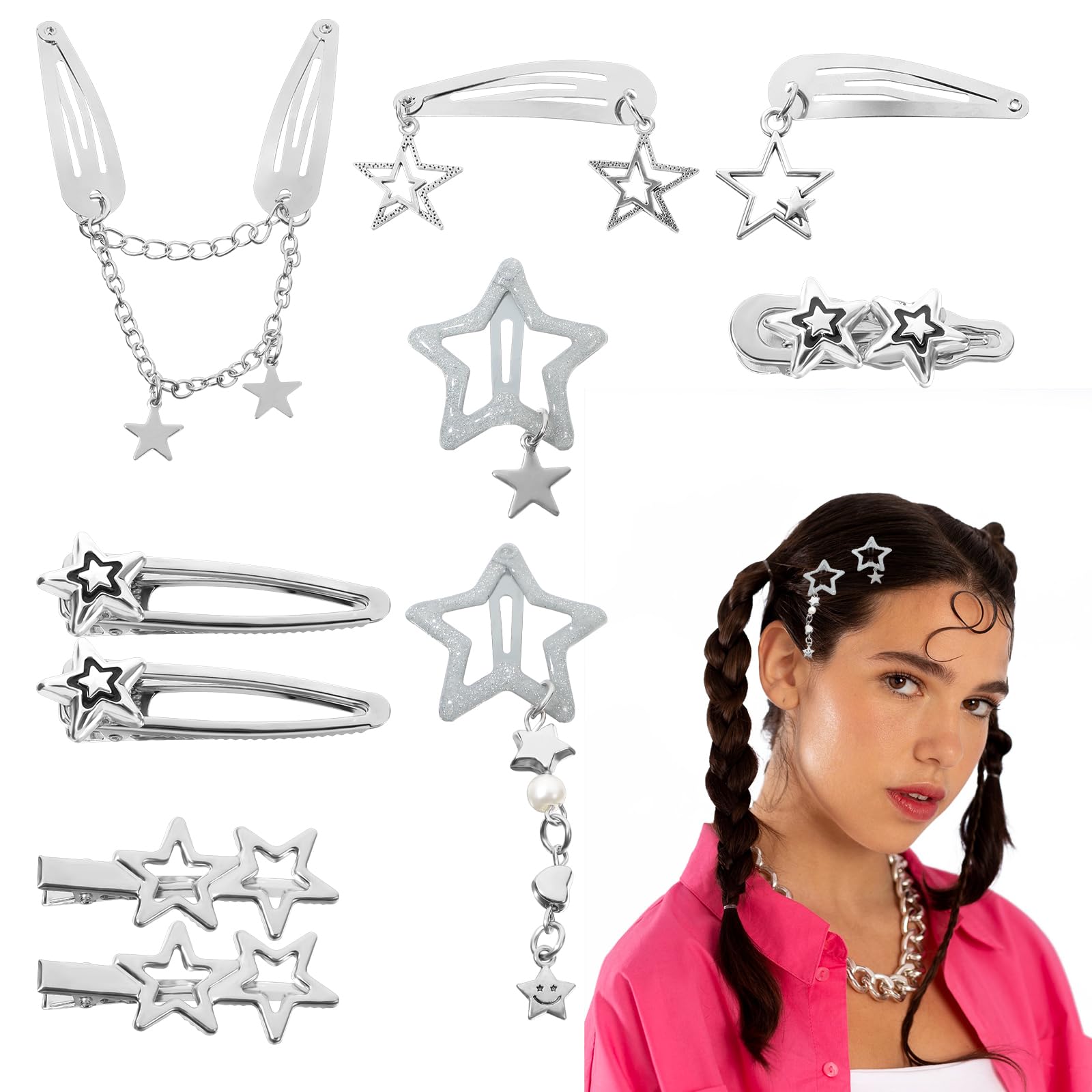 10Pcs Y2K Star Hair Clips, Kawaii Silver Hair Clips, Cute Pentagram Hairclips Metal Stars Snap Barrettes Star Y2K Hair Accessories for Women Girls