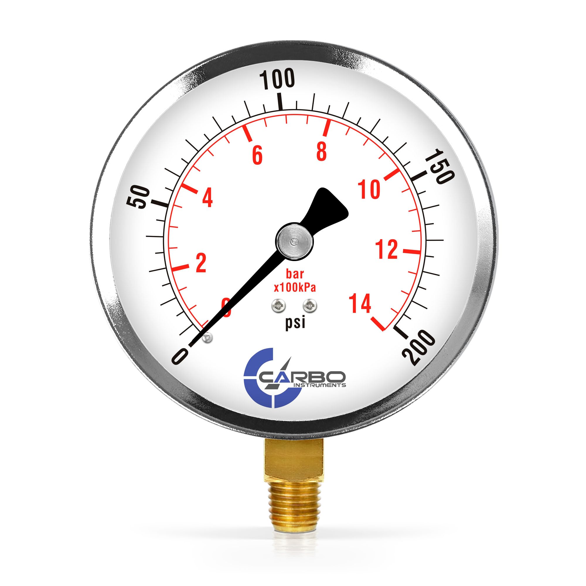 CARBO Instruments 4'' Air Pressure Gauge, Chrome Plated Steel Case, Dry, 0-200 psi/kPa, Lower Mount 1/4'' NPT