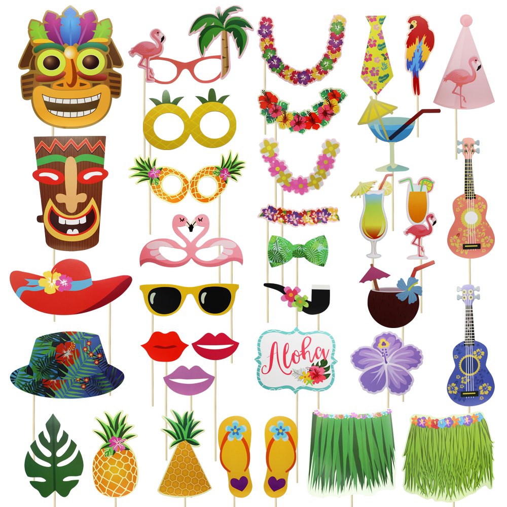 Meetory 36Pcs Hawaiian Photo Booth Props Kit, Summer Beach Selfie Props Celebration for Hawaii Seaside, Summer Pool Party, Luau Tropical Tiki Vacation Dress-Up Beach Party Accessories Decoration