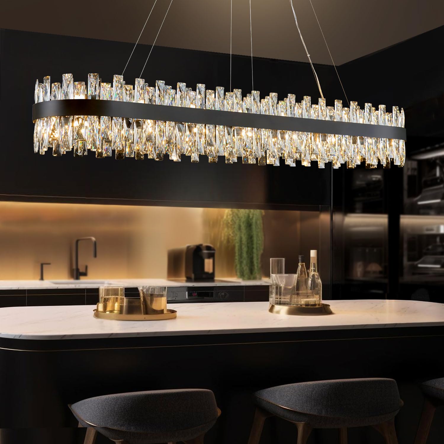 TMAFON Modern Black Crystal Chandelier for Dining Room, Rectangle K9 ...