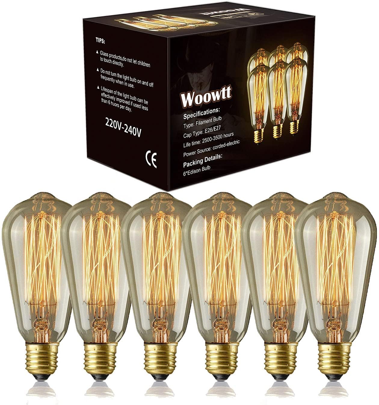 Woowtt Edison Light Bulbs 6 Pack Classic Antique Bulb Style - Amber Warm - Dimmable - ST64 60W