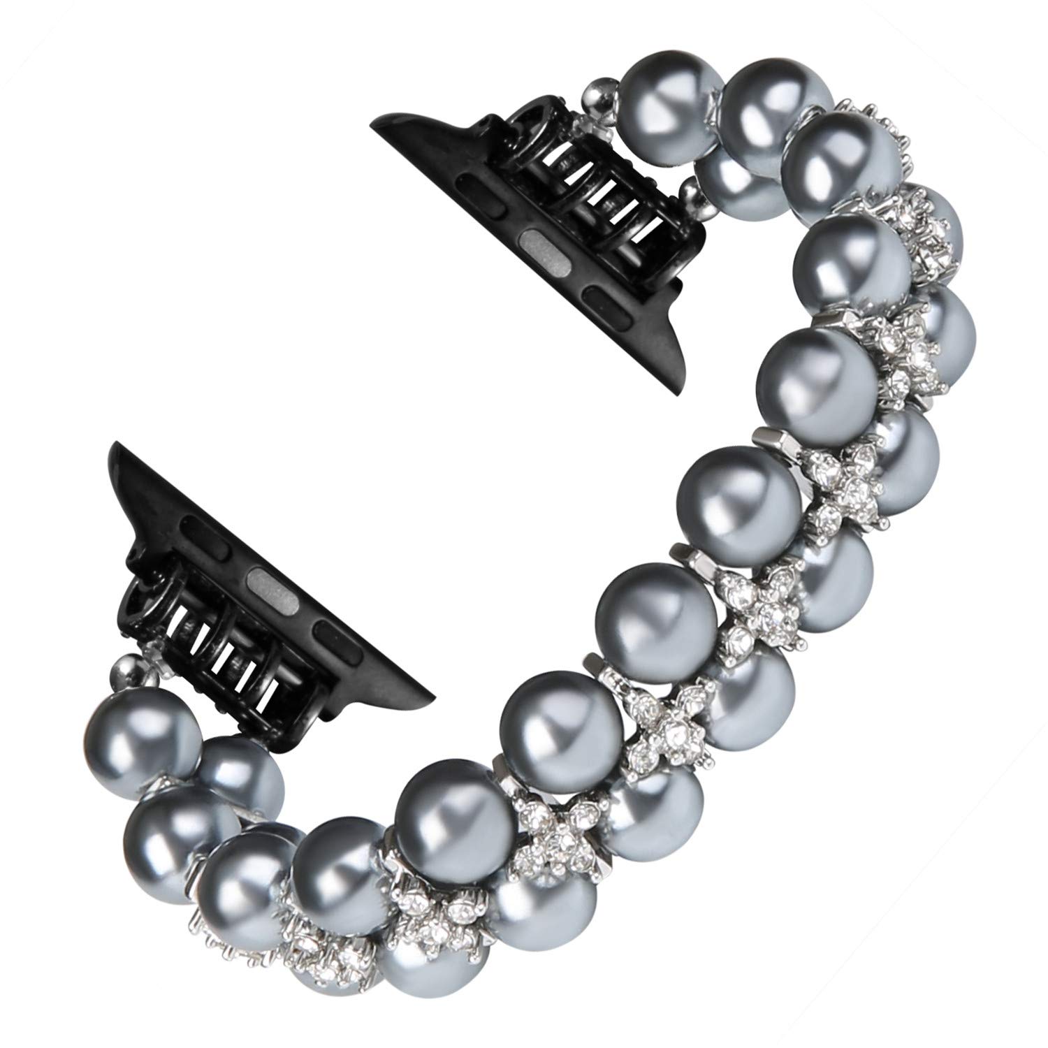 GEMEK Pearl Bracelet Compatible with Apple Watch Strap Women 38/40/41mm iWatch Strap Series 9/8/7/6/5/4/3/2/1, Artificial Elastic Stretch Bling Diamond Jewelry Wristband Replacement Band (Gray) — image 1