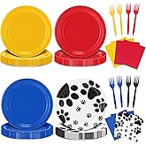 LemonRoad 72 Pcs Puppy Dog Paw Print Tableware Set Include Paper Plates Napkins Forks Yellow Red Blue Dessert Plates Table Supplies for 24 Guests Baby Shower Birthday Party Decorations