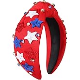 boderier 4th of July Headband Beaded Sequin Star Headband Jeweled Crystal Embellished Knotted Red White Blue USA American Flag Patriotic Holiday Acessories