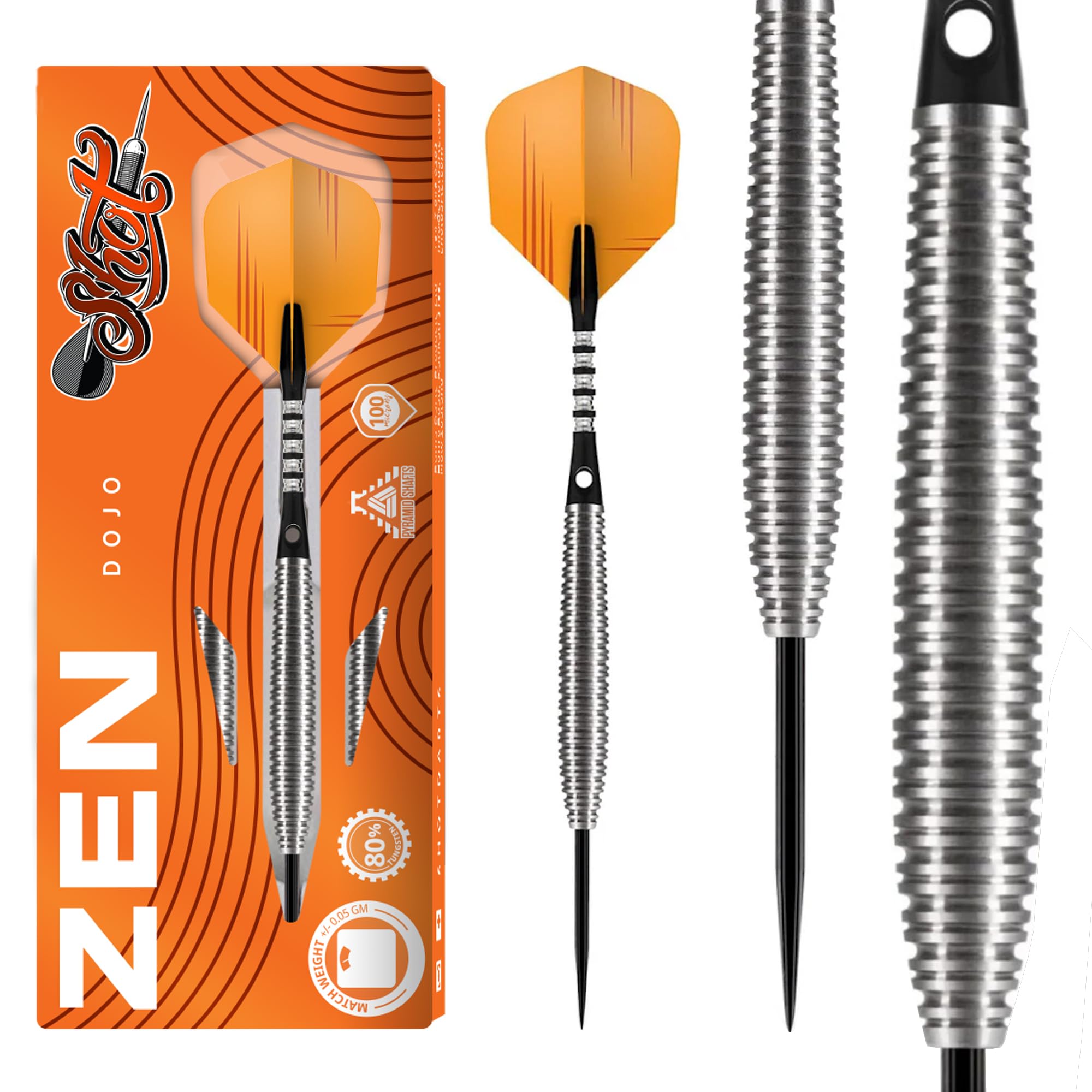 Shot! Darts Zen Dojo-Steel Tip Dart Set-Front Weighted-80% Tungsten Barrels 21 gram