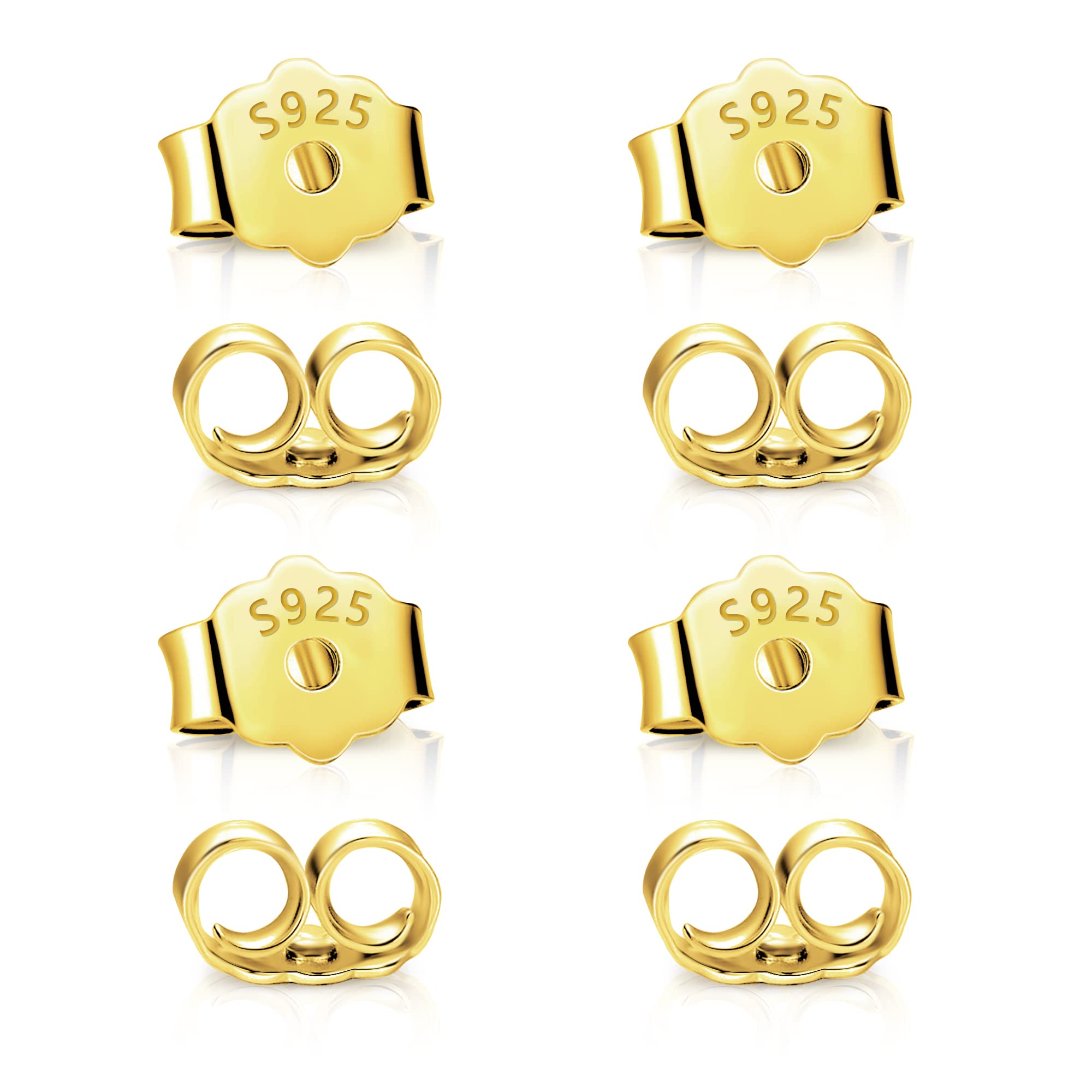 ASH'S CHOICE 8Pcs 925 Sterling Silver Gold Earring Backs Replacements for Posts 4Pairs Pierced Earring Backings Secure for Studs Hypoallergenic Safety Locking Butterfly Ear Ring Stoppers