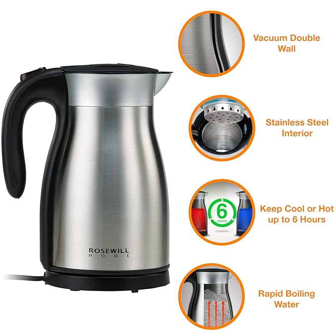 Rosewill Electric Kettle Stainless Steel Double Wall Vacuum Insulated