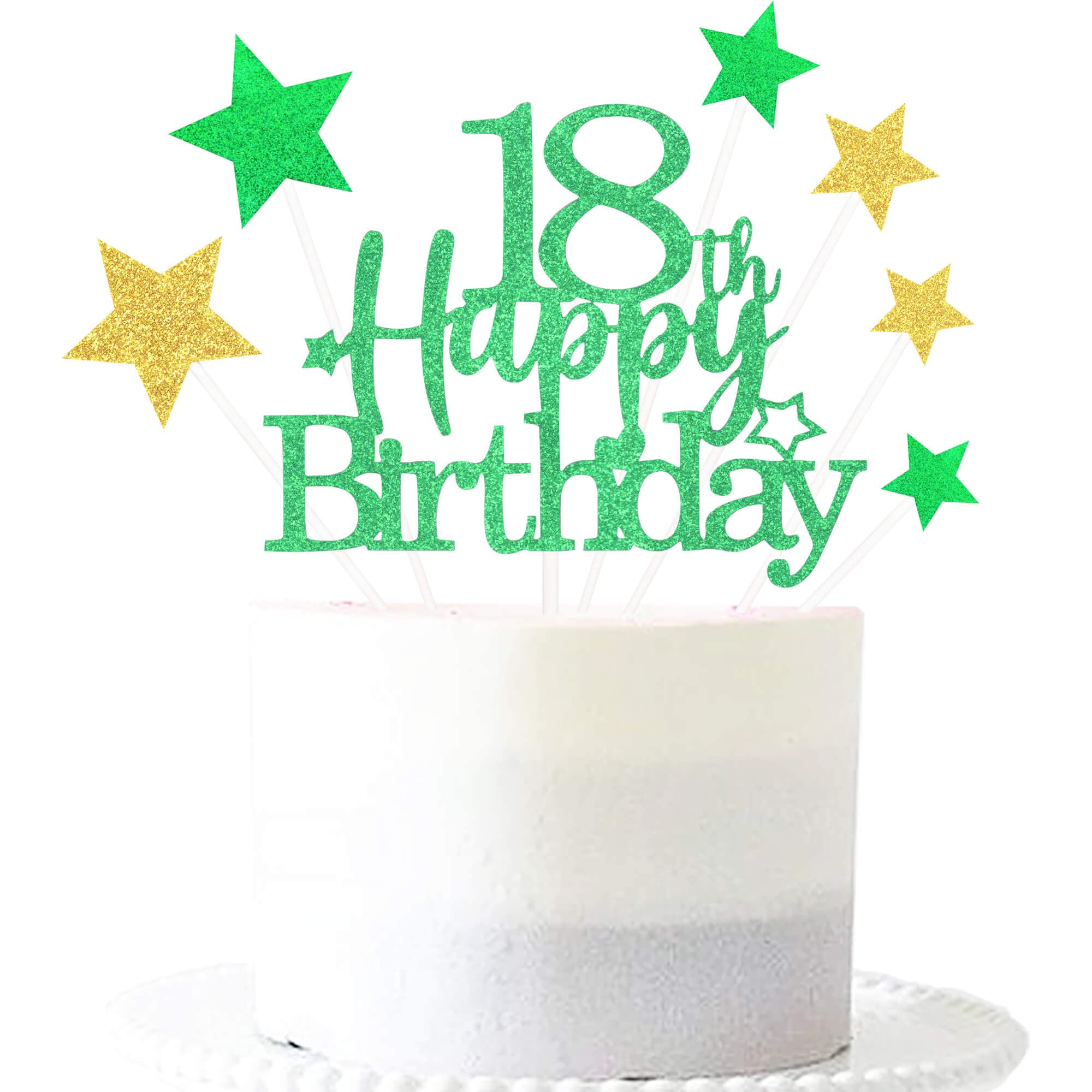 Glittery 18th Happy Birthday Cake Topper with Star,Personalised 18 Birthday Cake Toppers Party Decorations Party Supplies for Boys Girls Green Gold