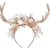 MOSTORY Handmade Gold Flower Antler Headband - Woodland Forest Deer Horns Hairband Floral Reindeer Headpiece for Women s Renaissance Halloween Cosplay Party Photo Shoot