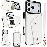 LUVI Compatible with iPhone 17 Pro Max Wallet Case with Lanyard Card Holder Crossbody Neck Strap Wrist Strap with Credit Card PU Leather Flip Purse Cover for Women White