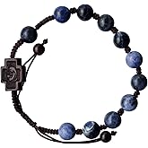 Sine Cera Sodalite & Jujube Wood 1 Decade Catholic Rosary Bracelet, Double-sided Laser Cut Centerpiece, Adjustable Corded Design, Smooth 8mm Beads