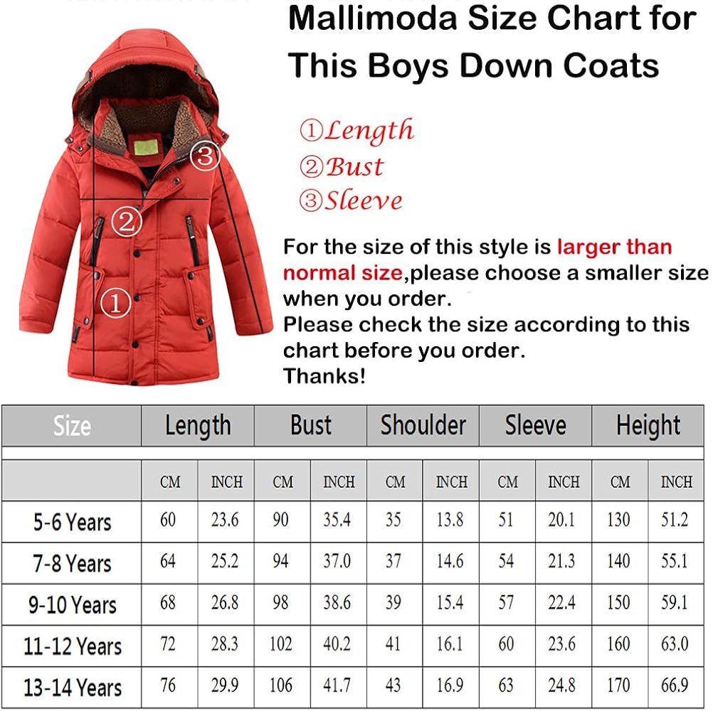 Mallimoda Boys' Hooded Down Coats Winter Warm Jacket Solid Puffer Coat: Clothing