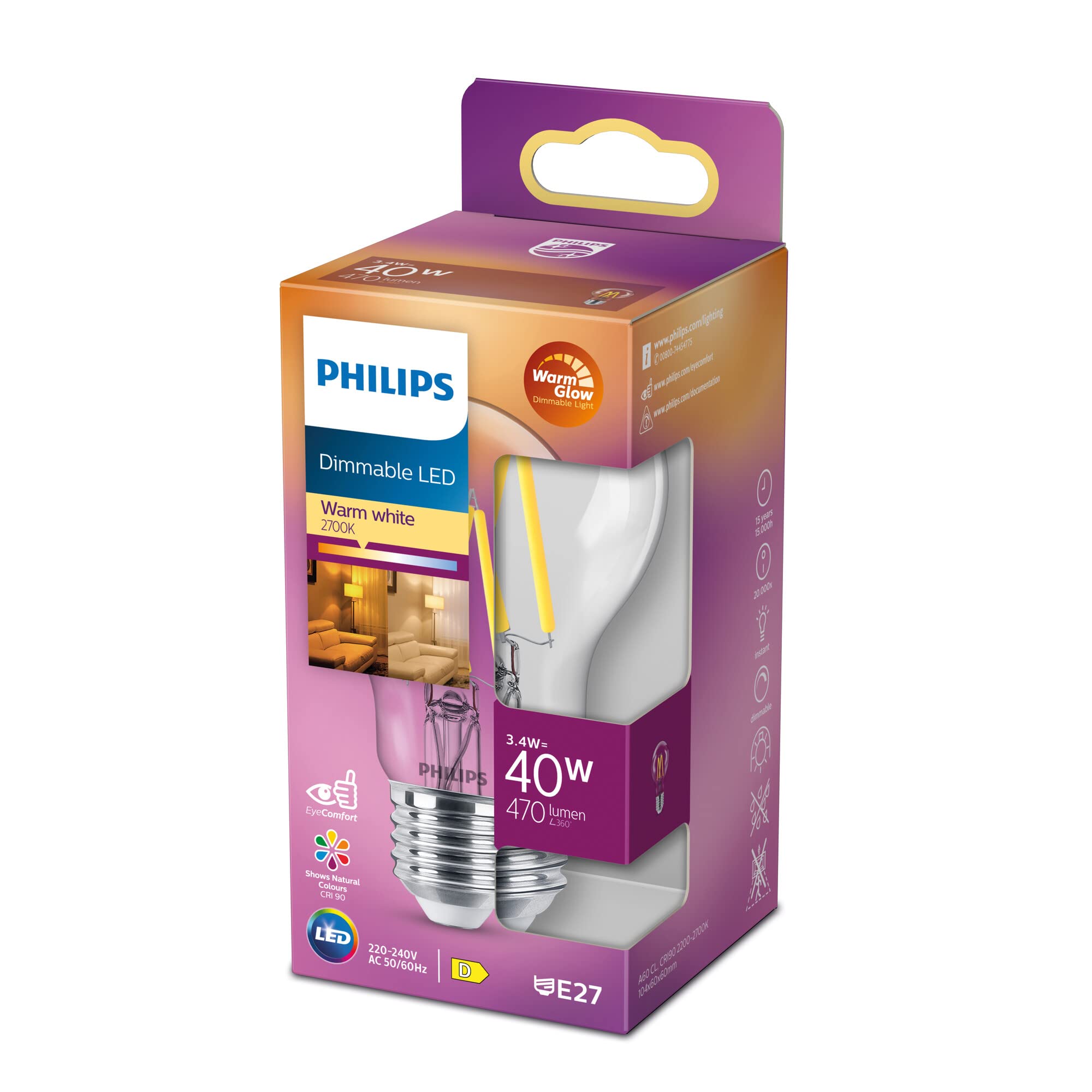 Philips LED Classic E27 WarmGlow 40W Warm White Dimmable Clear Teardrop Lamp