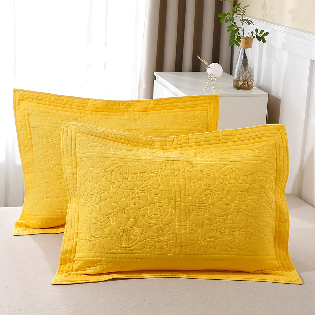 WINLIFE 100% Cotton Quilted Pillow Sham Floral Printed Pillow Cover (Gold/Yellow)