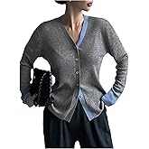 SHENHE Women's Button Down Cardigan Ribbed V Neck Color Block Soft Knit Slim Fit Sweater
