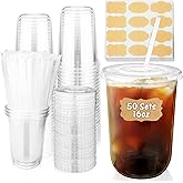 50 Sets Clear Plastic Cups with Lids and Straws, 16oz Round Bottom Disposable Ice Coffee Cups, PET To Go Cups with 60Pcs Label Stickers for Cold Drinks, Juice, Smoothie, Coffee Bar, Party
