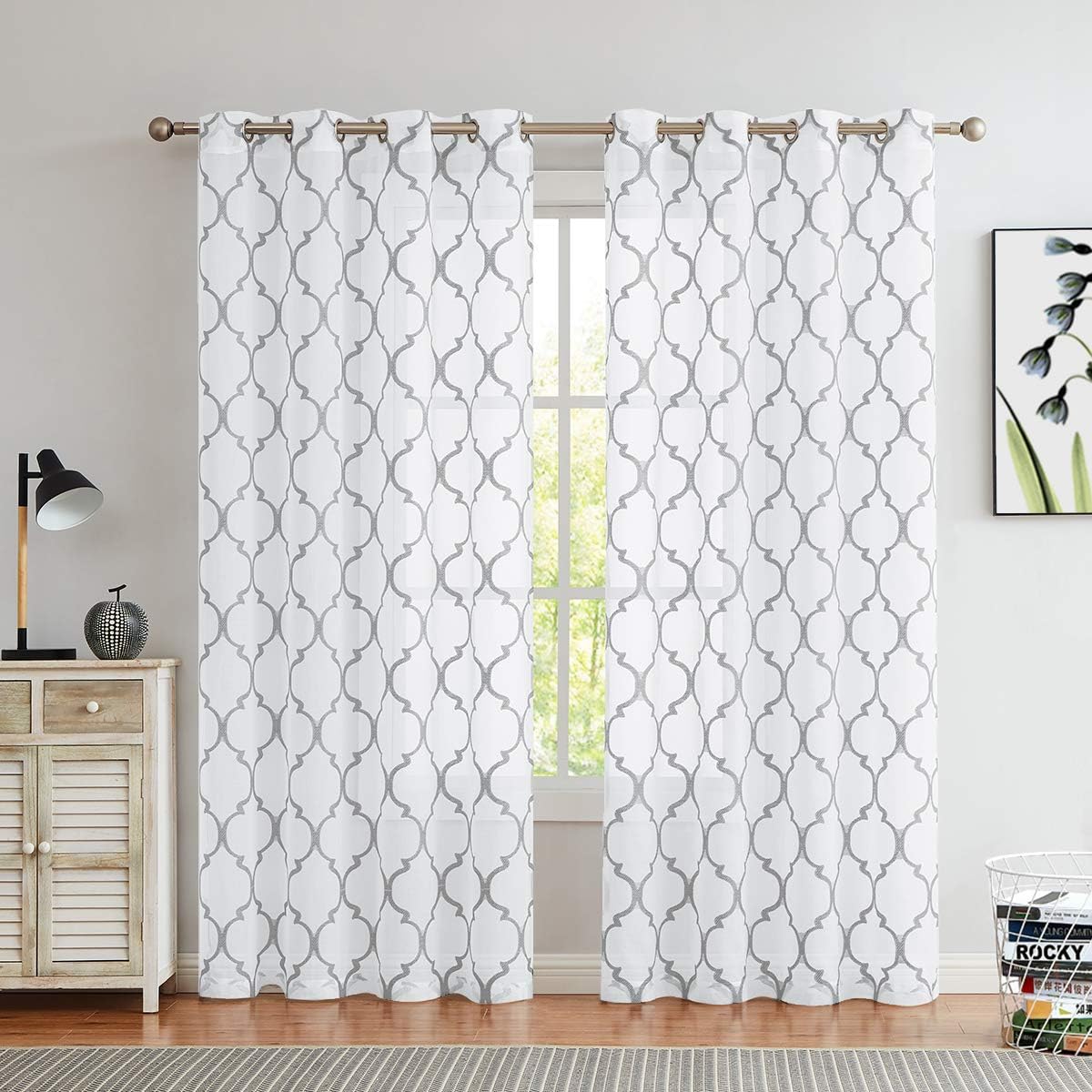 Variegatex White Grey Sheer Curtains 63 Inch Length for Living Room, Trellis Jacquard Grommet