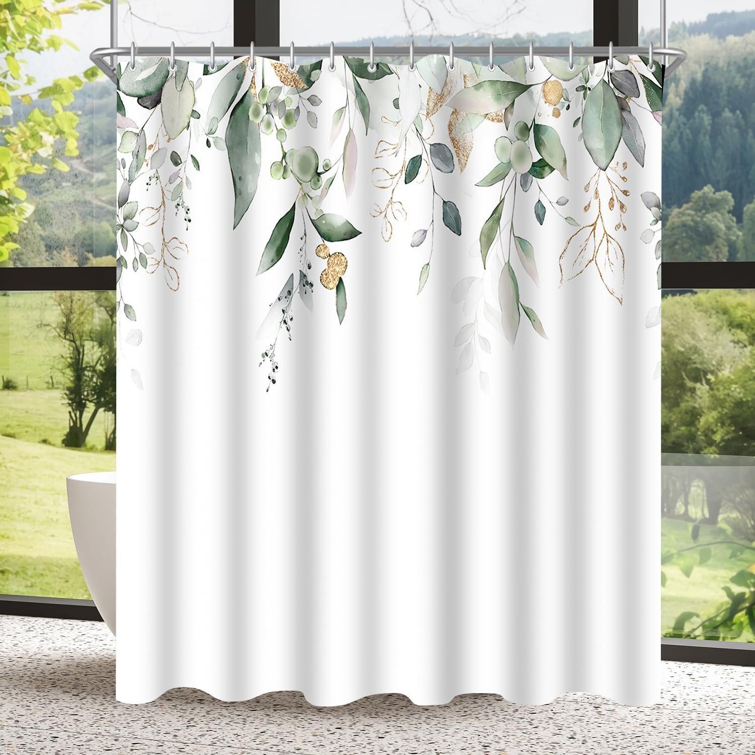 Lerores Shower Curtain, 120 x 200 cm, Golden Leaves, Weighted Hem, Anti-Mould Textile, Water-Repellent, Washable Polyester Bath Curtains with 8 Eyelets and Shower Curtain Rings for Bathroom, Bathtub — image 1