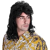 Wiwige Mens Mullet Wigs Black Curly Cosplay Costume Wig Retro Punk Rocker Disco Synthetic Full Wigs