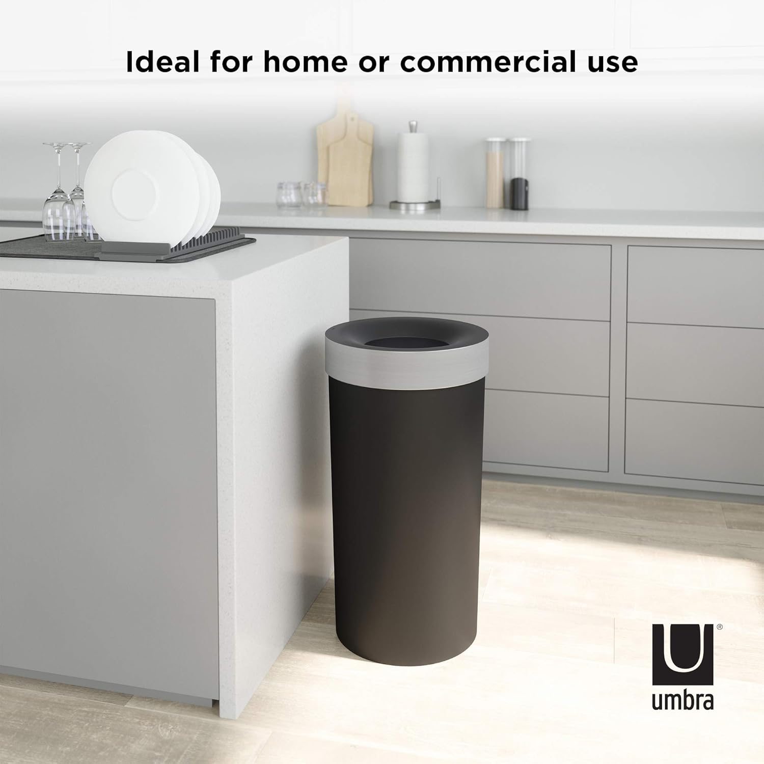 Umbra Vento Open Top 16.5-Gallon Kitchen Trash Large, Garbage Can for Indoor, Outdoor or Commercial Use, Black/Nickel: Home & Kitchen