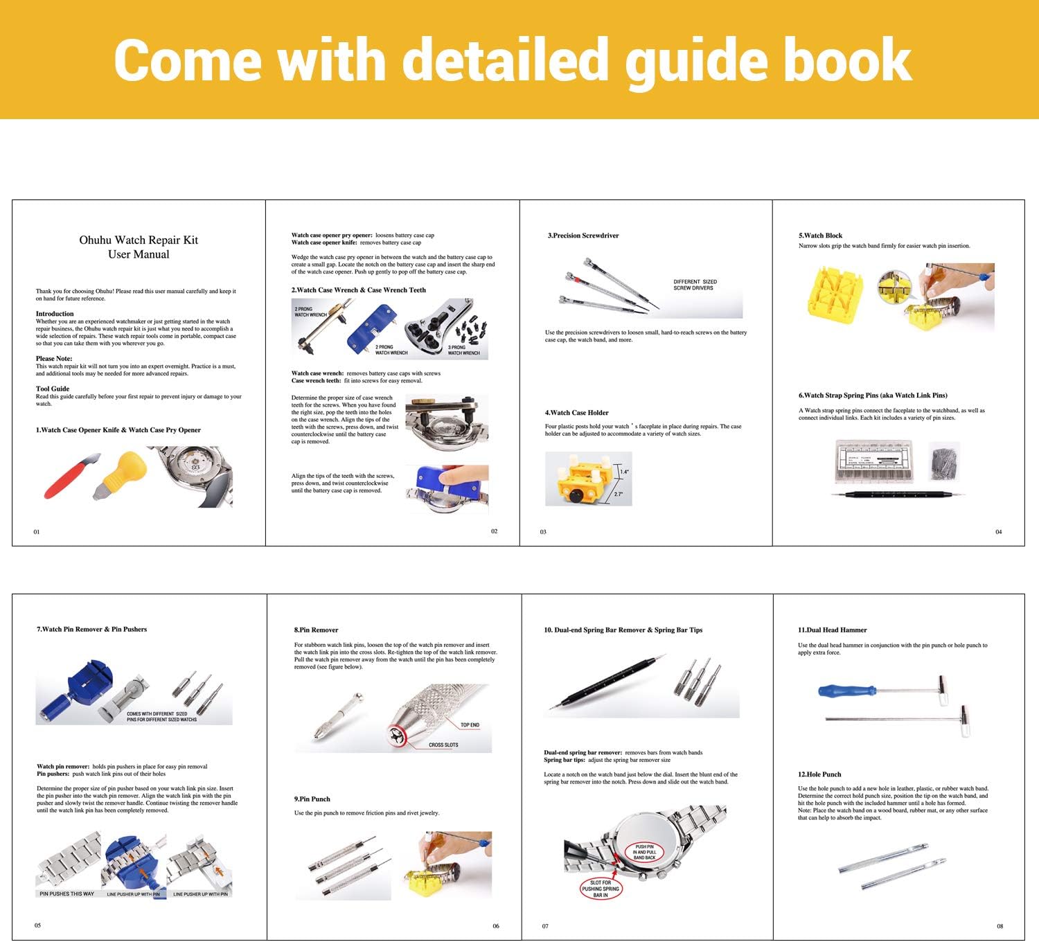 Ohuhu 174 PCS Watch Repair Tool Kit, Case Opener Spring Bar Watch Band Link Tool Set With Carrying Bag, Replace Watch Battery Helper Multifunctional Tools With User Manual For Beginner: Home Improvement