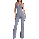 OQQ Jumpsuits for Women Fall Winter Halterneck Sleeveless Lace-Trim Flared Jumpsuit