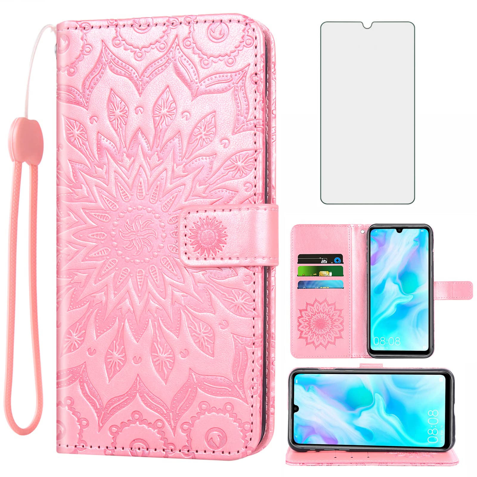 Asuwish Phone Case for Huawei P30 Lite Wallet Cases with Tempered Glass Screen Protector and Leather Slim Flip Cover Card Holder Stand Cell Accessories Hawaii P30Lite P 30 30Lite Women Rose Gold