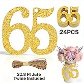 ALISSAR 24PCS Gold 65 Number Tags with 32.8 Ft Jute Twine – 65th Birthday Decorations, 65th Anniversary Party Supplies, Mason Jar Centerpieces, Gift Wrapping & Table Decor Kit