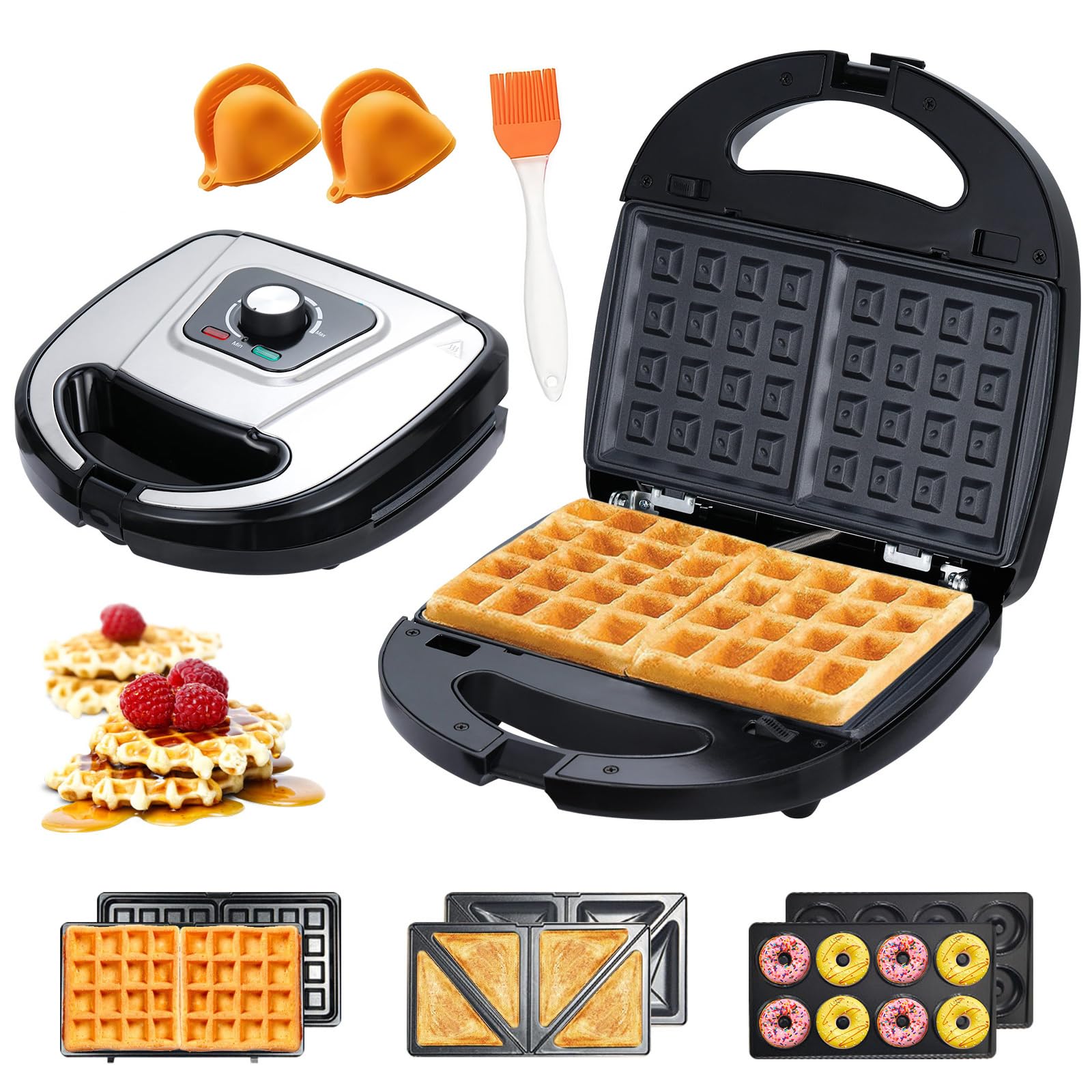 Photo 1 of 3-in-1 Mini Sandwich Maker with Non-Stick Plates, Electric Waffle Maker, Mini Donut Maker, Breakfast Sandwich Maker Press with Removable Plates, Compact Design & Adjustable Temperature Knob
