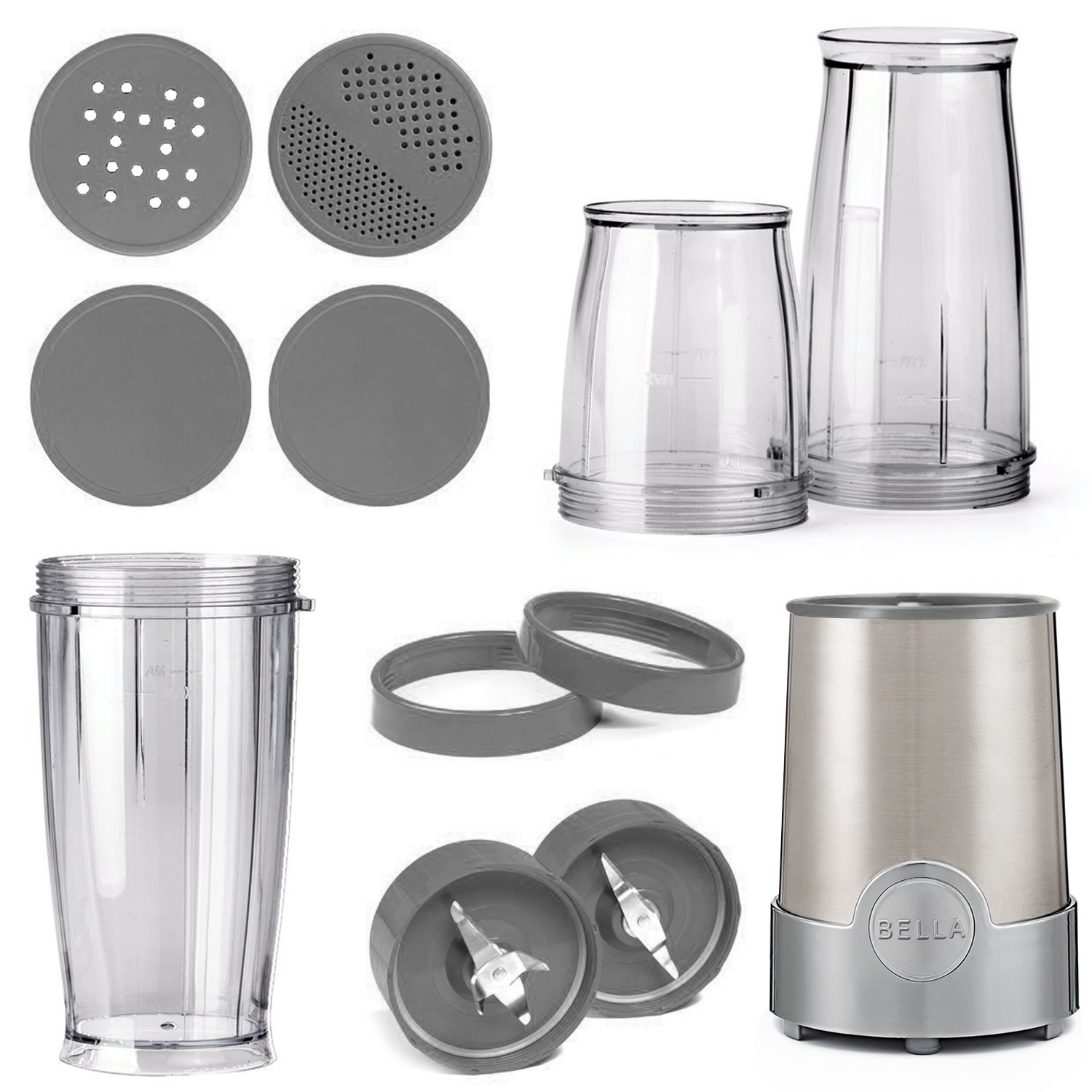 BELLA Personal Size Rocket Blender, 12 piece set, color stainless steel