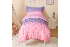 SUCHBED Pink Glitter Toddler Bedding Set Crib Bedding Set for Girls 4 Pieces with Toddler Comforter, Toddler Bed Sheets, Pillowcase, Pink Purple Gradient
