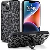 Jefonha Compatible with iPhone 14 Case with Finger Hand Strap Kickstand, Trendy Cool Leopard Cheetah Print Phone Case for Women Men, Full Camera Protection Shockproof Protective Cover, Black