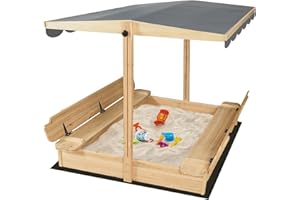 RUNSHED Wooden Sandbox for Outdoor Backyard, 48x48in Large Sand Box with Canopy for Aged 3-12 Years Old, Kid Sand Pit with 2 Foldable Bench Retractable Roof Bottom Liner (Burly Wood)