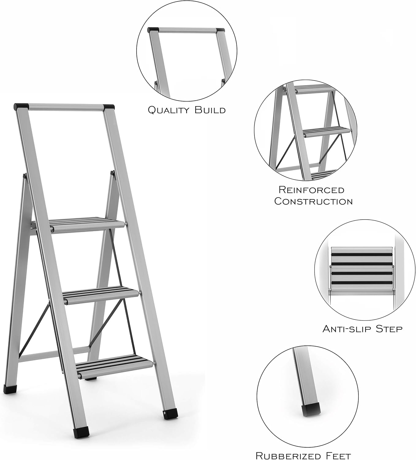 Sorfey Premium 3 Step Modern Aluminum Ladder. Lightweight,-Ultra Slim Profile, Anti Slip Steps, Sturdy-Portable for Home, Office, Kitchen, Photography Use, Aluminum Finish: Home & Kitchen