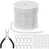Tanstic 102Pcs 30 Feet Jewelry Making Chains Necklace Chains Bulk Cable Link Chain with 50Pcs Jump Rings, 50Pcs Lobster Clasps, Pliers for Bracelet Necklace Making(Silver)