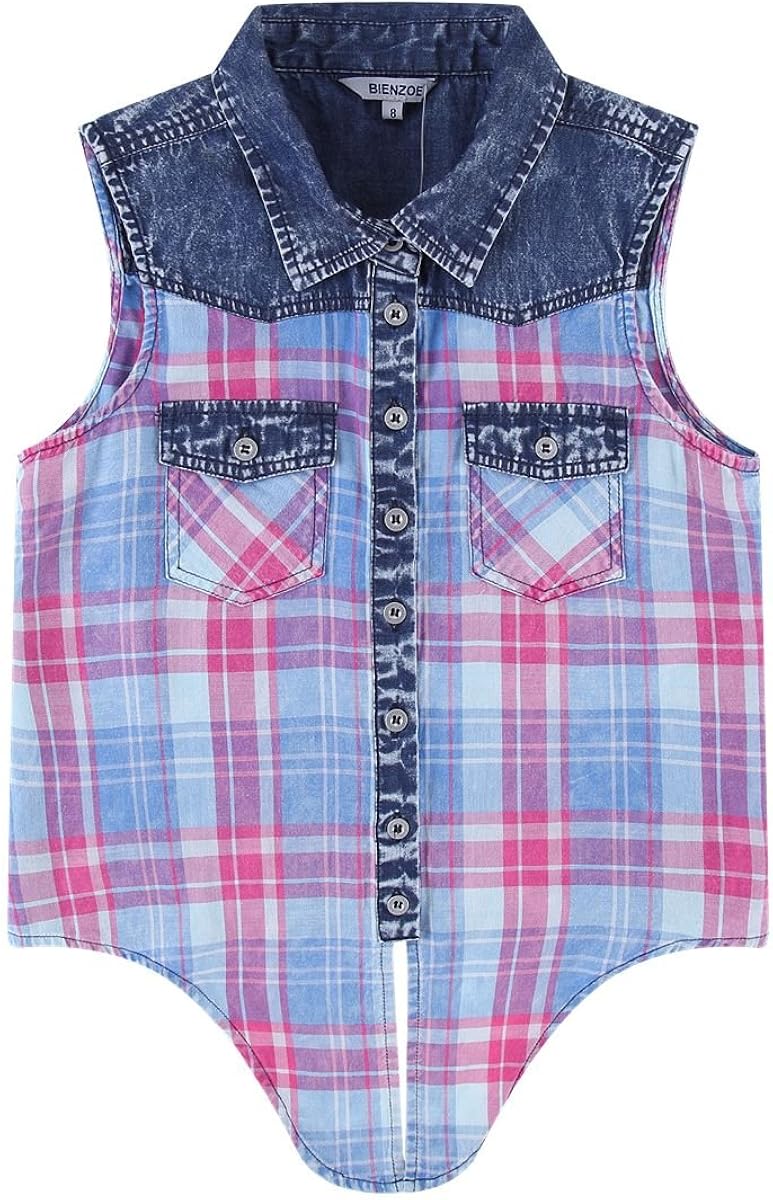 Bienzoe Girl’s Cotton Plaid Denim Sleeveless Tied Casual Blouse: Clothing