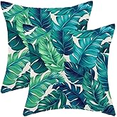 AEIOAE Summer Tropical Leaves Pillow Covers 16 X 16 Inch Set of 2, Green Palm Leaf Decorative Throw Pillow Covers Square Linen Botanical Plant Outdoor Cushion Covers for Couch Home Sofa