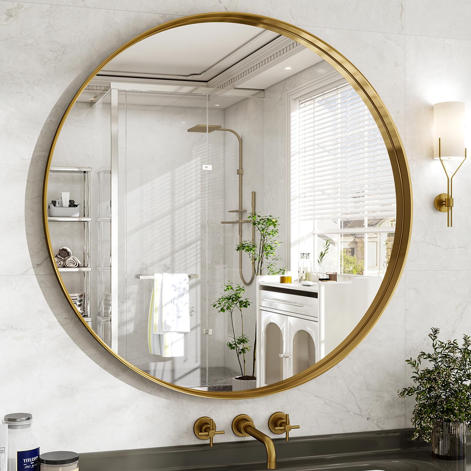 Photo 1 of 48 Inch Round Bathroom Mirror - Wall Mounted Circle Mirror with Metal Frame, Modern Mirror Suitable for Bathroom, Vanity, Entryway, Living Room, Wall Decor,Gold