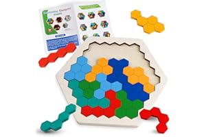 Skrtuan Wooden Blocks Puzzle for Kid Adults Brain Teaser Hexagon Puzzles Games Toy Shape Pattern Block Tangram Geometry Logic IQ STEM Montessori Educational Gift for Kids Boys Girls Challenge