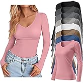 Oakgarden 8 Pack Women's Long Sleeve Shirts Bulk Deep V Neck Slim Fit Tops Casual Knit Basic Fall Tees Multipack