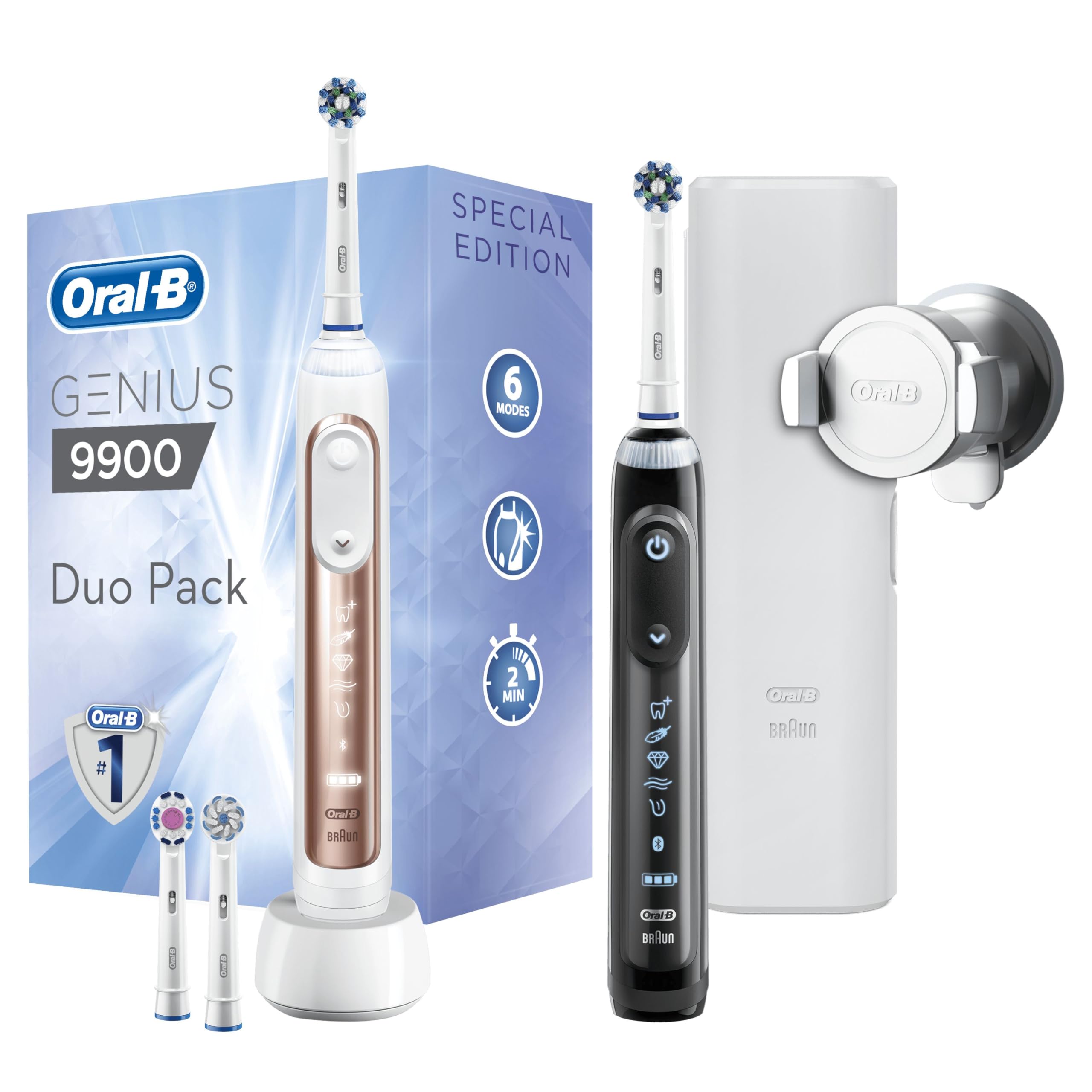 Oral-B Genius 2x Electric Toothbrushes with Pressure Sensor, Gifts For Women / Men, App Connected Handles, Four Toothbrush Heads and Travel Case, Six Modes, Teeth Whitening, Two Pin UK Plug, Rose Gold and Black