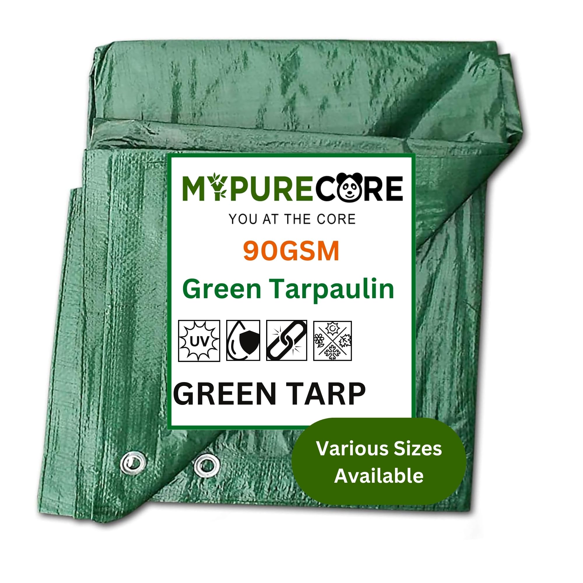 MYPURECORE Green Tarpaulin – Heavy Duty, Waterproof Cover Plastic Sheet Tarp – Durable Sheet for Garden, Caravan, Camping, Outdoor – UV, Dust, Rain, Ground Sheets for Camping (2m x 2m)