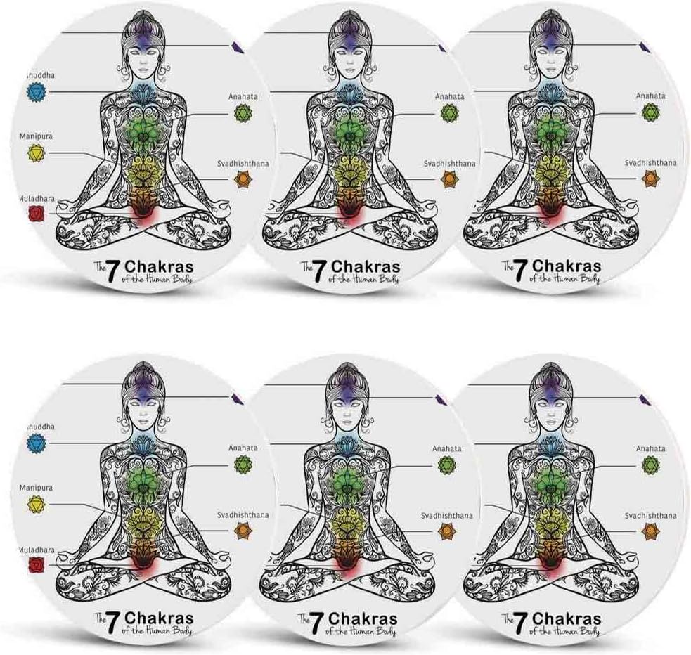 Yoga Heat Resistant Coasters,Seven Chakras Symbols Ajna Anahata Sahasrara Manipura Body Awakening Lotus Ornaments Decorative for Kinds of Mugs and CupsSet of 6