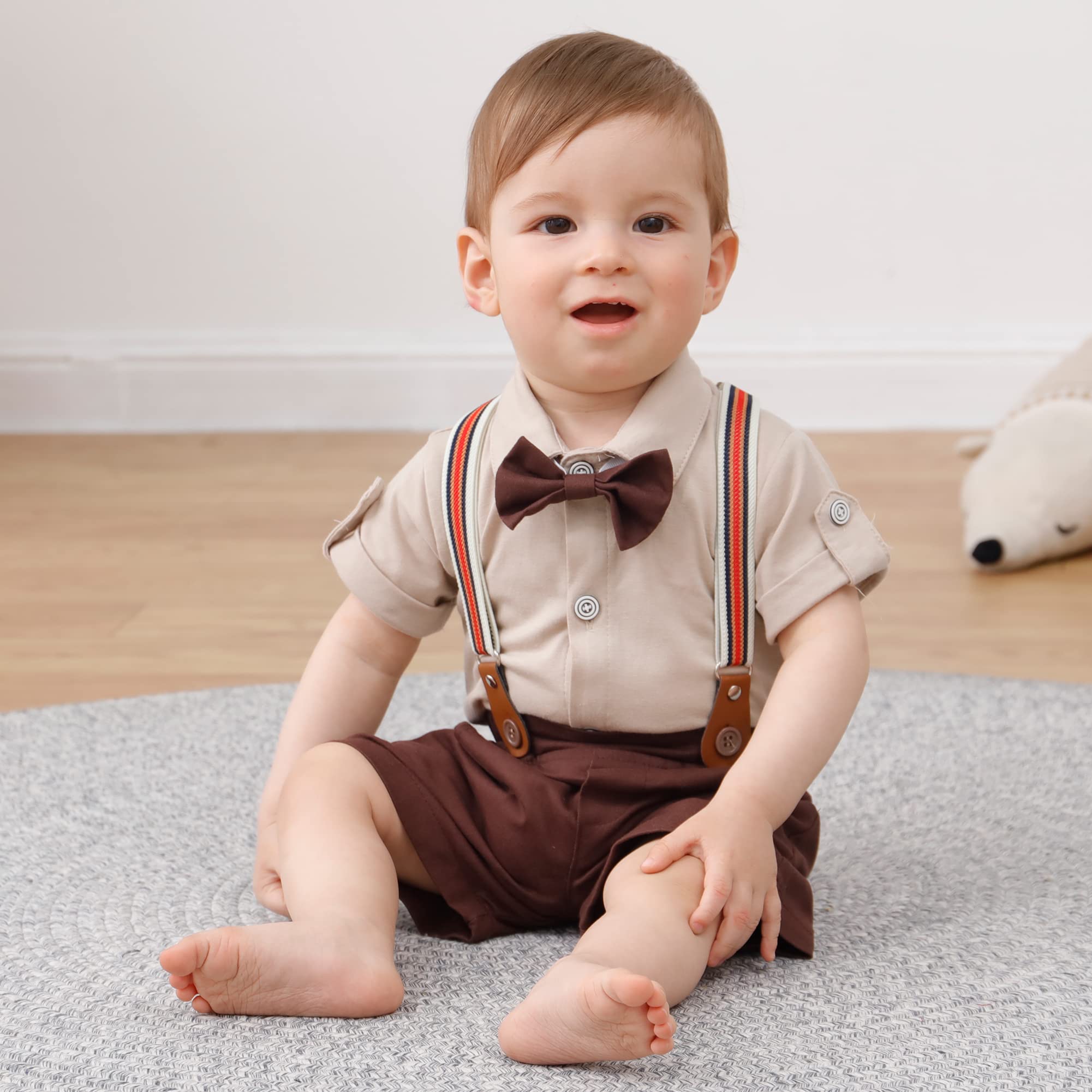 DISAUR Baby Boy Clothes Suits,Infant Gentleman Outfits Short Sleeves Romper +BowTie + Suspender Pants Wedding Set 0-18 Months