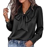 BTFBM Women Satin Blouses Bow Tie Work Business Casual Tops | Ruched Button Cuff Long Sleeve Top, Dressy Silk Blouse, Elegant Daily Wear, Professional Office Clothes, Fall Fashion 2026