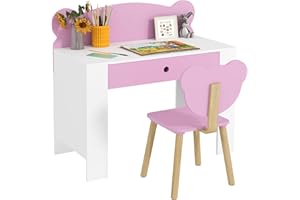 Qaba Kids Desk and Chair Set, Study Table and Chair with Storage Drawer for Drawing, Reading, Writing, Bear Theme Children Ac