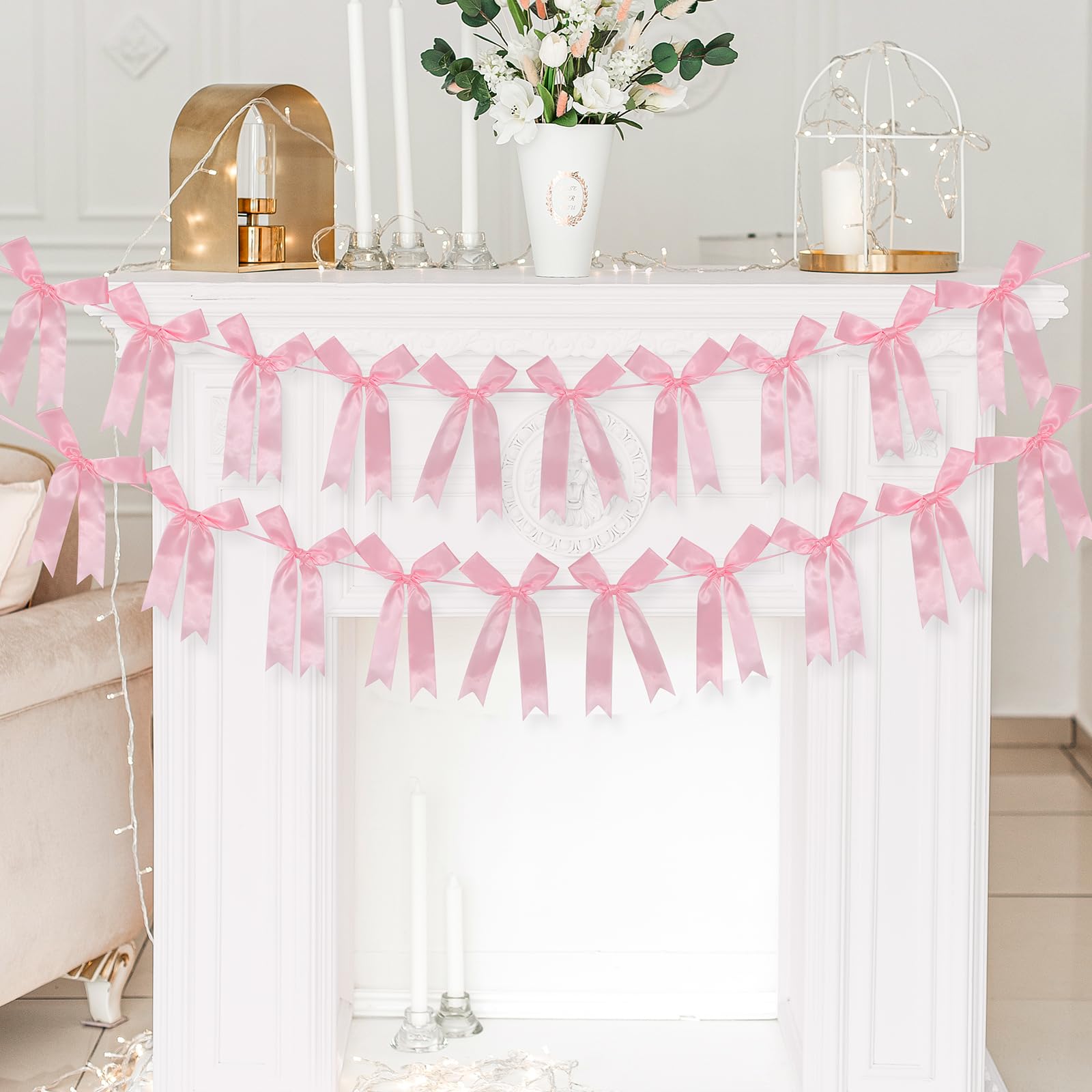 Photo 1 of 2 Pcs Pink Bow Garland Banner, Pre-Strung Pink Satin Ribbon Bow Garland Coquette Birthday Decorations for Classroom Decor Wedding Birthday Baby Shower