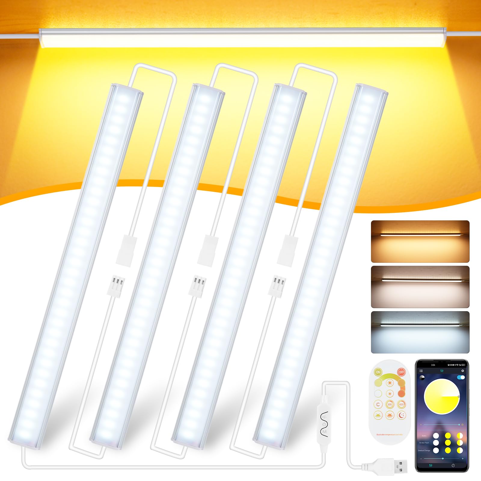 Lixada Under Cabinet Kitchen Lights 30CM Dimmable Cupboard Closet Strip Lights Remote Control APP Control LED Wardrobe Light for Indoor Kitchen Shelf Counter Corridor Stair(4 Packs)