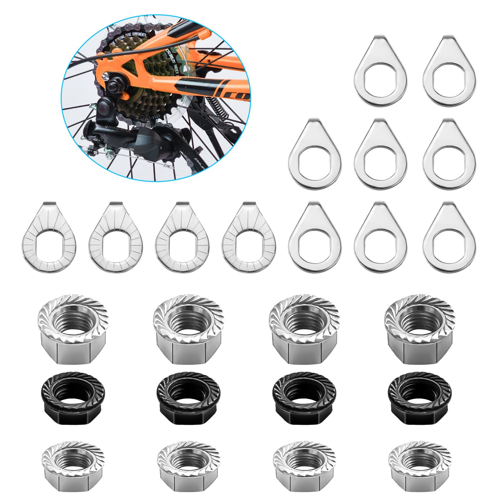 Photo 1 of Syocsek 24PCS Bike Nuts and Safety Washers, M8 M9.5 M10 Bicycle Axle Nuts Kit, 3 Sizes Bike Wheel Nuts Washers Black Silver, Bike Hub Nuts for Front Rear Wheel of City Road Mountain Bike (Upgraded)