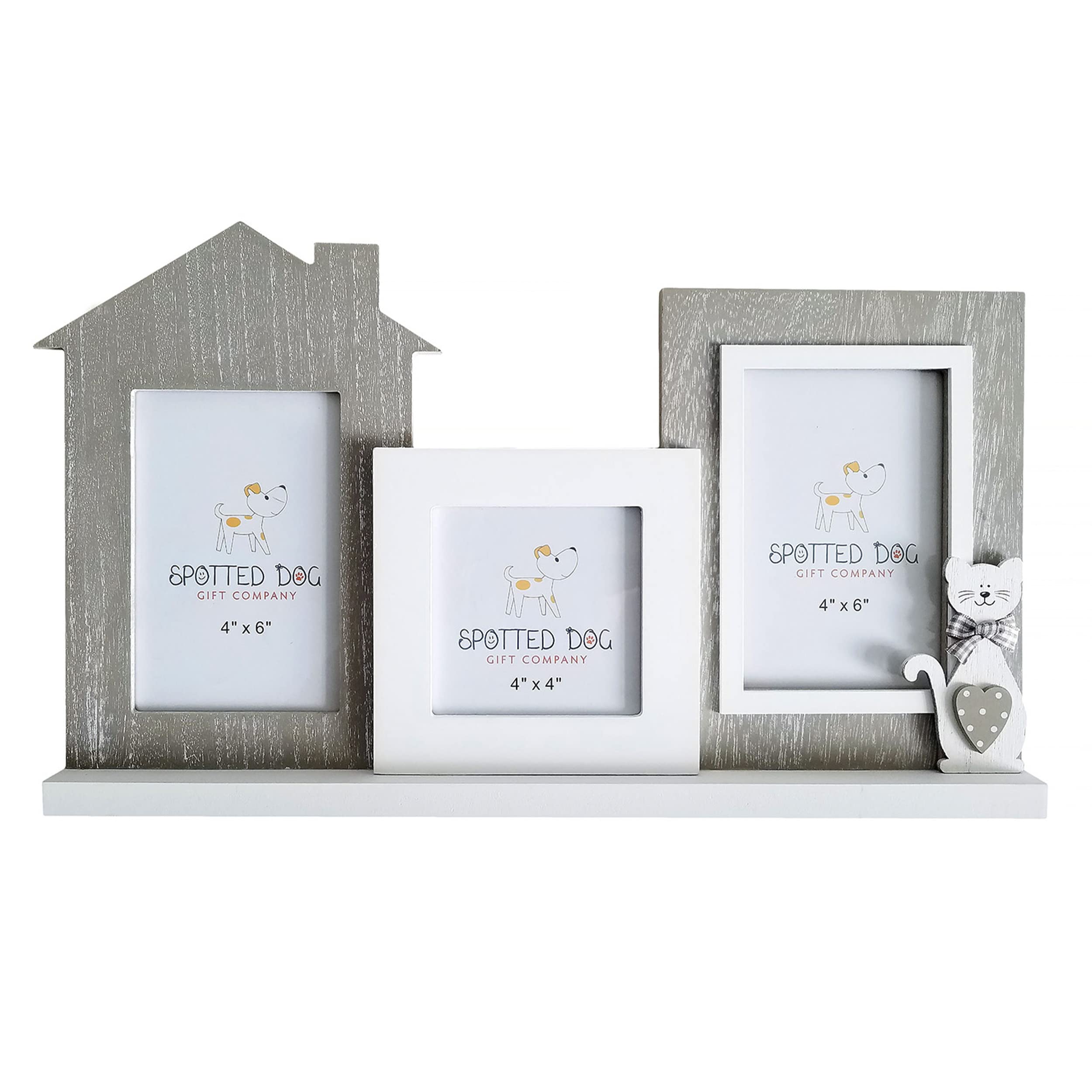 SPOTTED DOG GIFT COMPANY Multi Photo Frame 6x4 and 4x4, Wall Hanging or Tabletop Display, Wooden Cat Picture Frames for 3 Photos, Cute Home Decor Gifts for Cat Lovers Pet Owners - White Grey